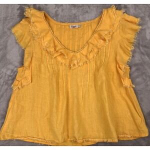 FAHERTY Yosepha Linen Ruffle Top Womens Small Marigold V-Neck Frayed Boho Blouse